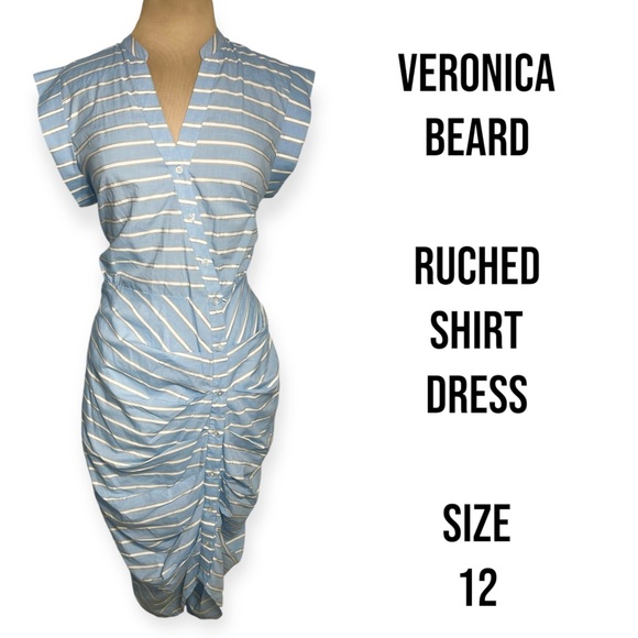 Veronica Beard Blue Stripe Ruched Shirt Dress Size 12 - Picture 3 of 7